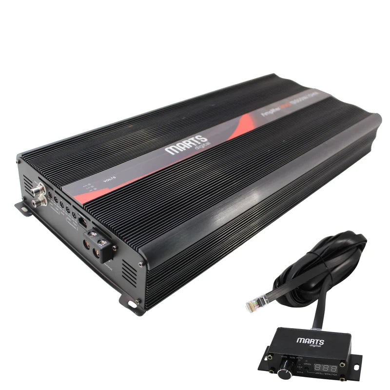 Black monoblock amplifier with side panel ports and included power cable