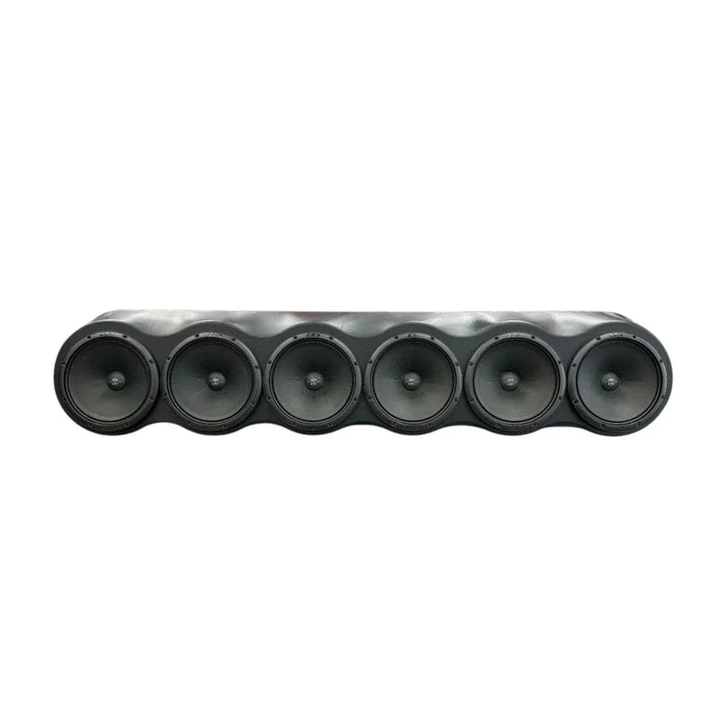 6-piece black round speaker pods in a roof rack bar, six visible drivers