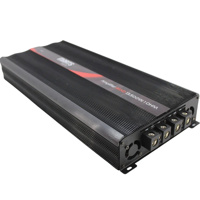 Black monoblock amplifier end view with screw terminals and input/output ports