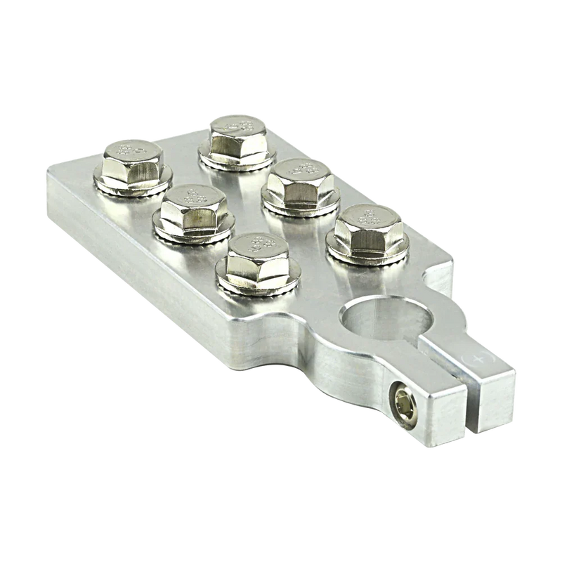 Positive multi cable battery terminal, silver metal base with bolt posts