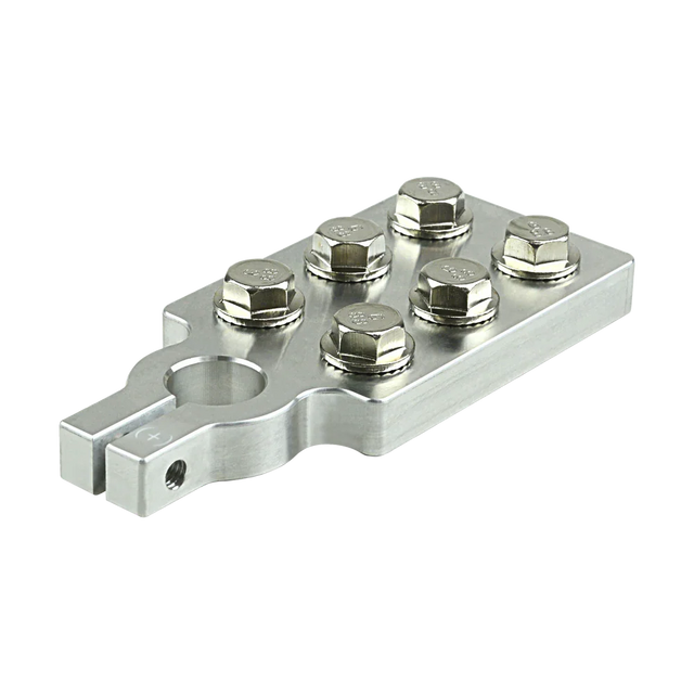 Positive battery terminal block with multiple threaded studs and mounting holes