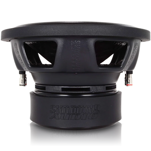 Front view of black 10-inch Sundown Audio subwoofer driver with mounting terminals