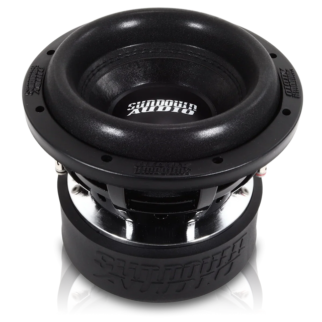 Black 8-inch subwoofer driver with textured cone and Sundown Audio badge
