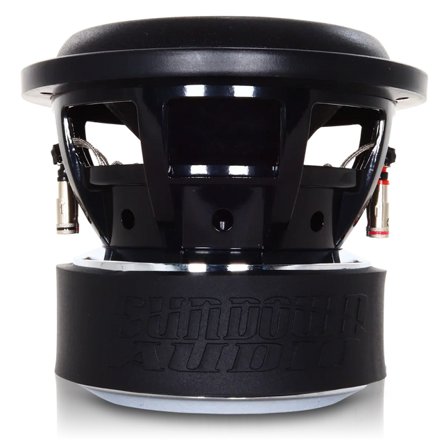 Dual 8-inch subwoofer driver assembly with black cone and metal mounting plate