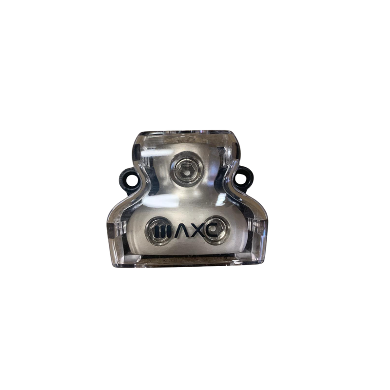 Nickel-plated distribution block with black mounting ears, front view.