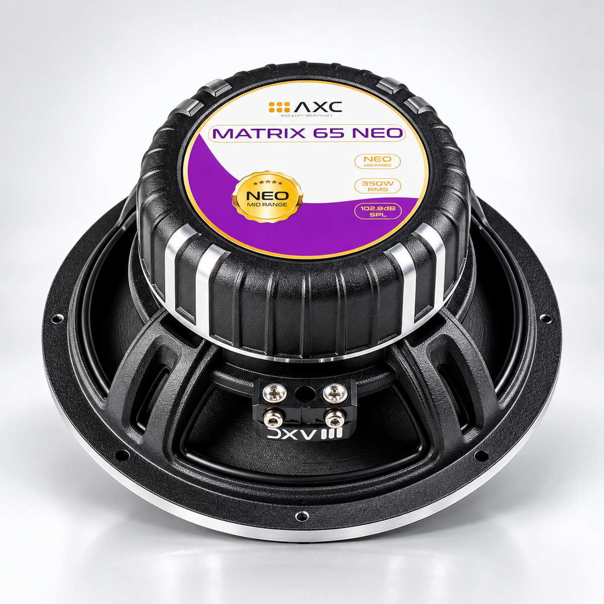 AXC Matrix 65 Neo rear label — 350W RMS and 102.8 dB