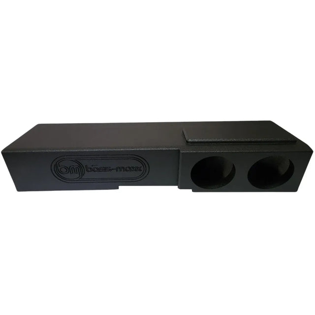 Dual 8-inch subwoofer enclosure with two round ports on black textured housing