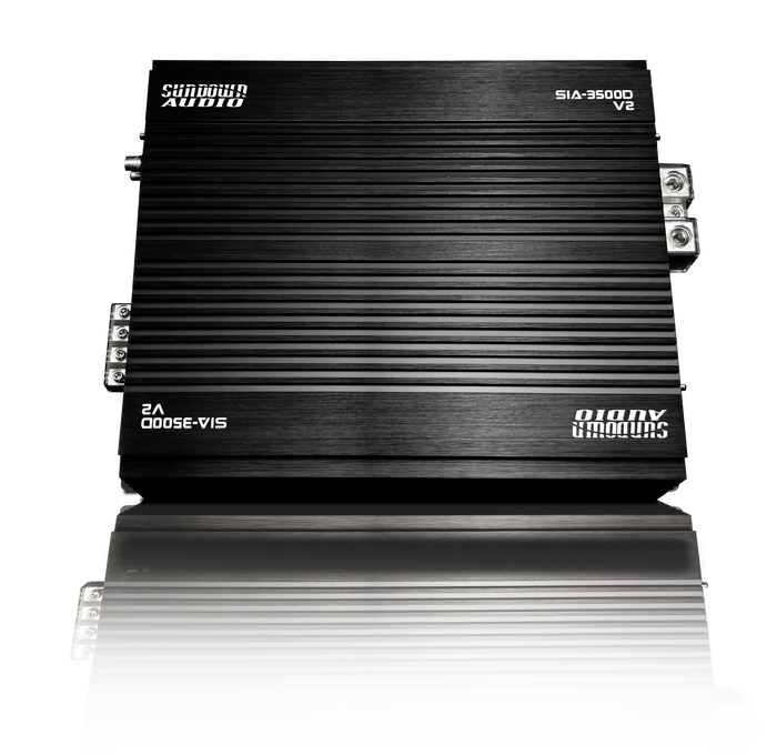 Sundown Audio mono amplifier, black ribbed chassis with side mounting hardware