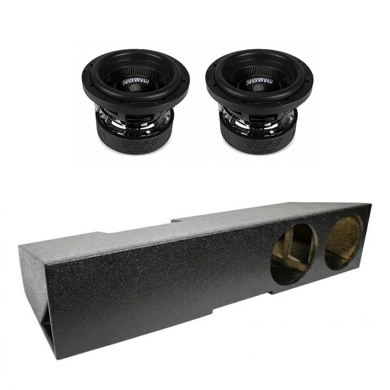 Dual subwoofer enclosure with two black speaker drivers, textured gray mounting box