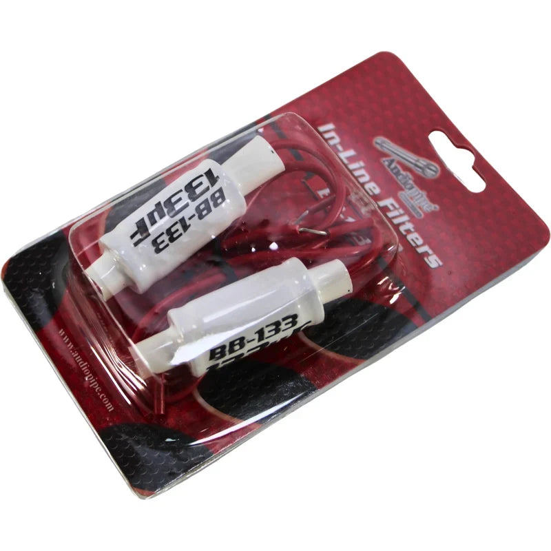 Audiopipe Line Filters blister pack showing two white inline noise filter modules
