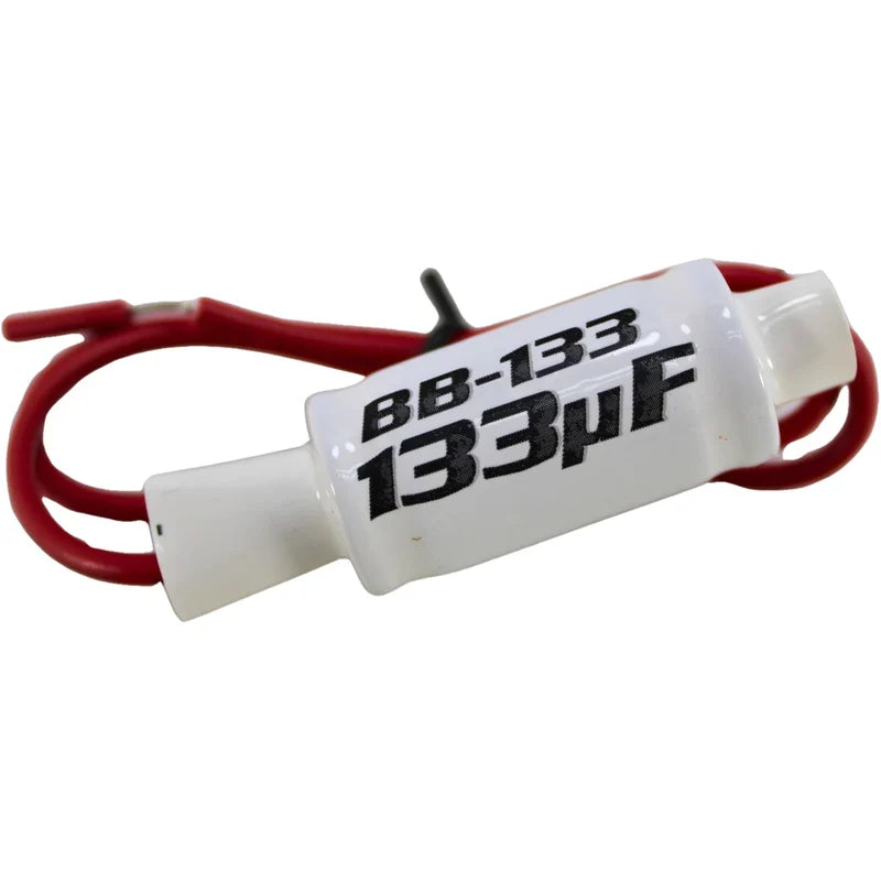 Audiopipe BB-133 13uF inline noise filter with red wire leads and white body