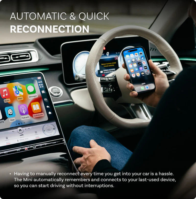 Otto Cast mini wireless adapter in use in car, smartphone connected near steering wheel