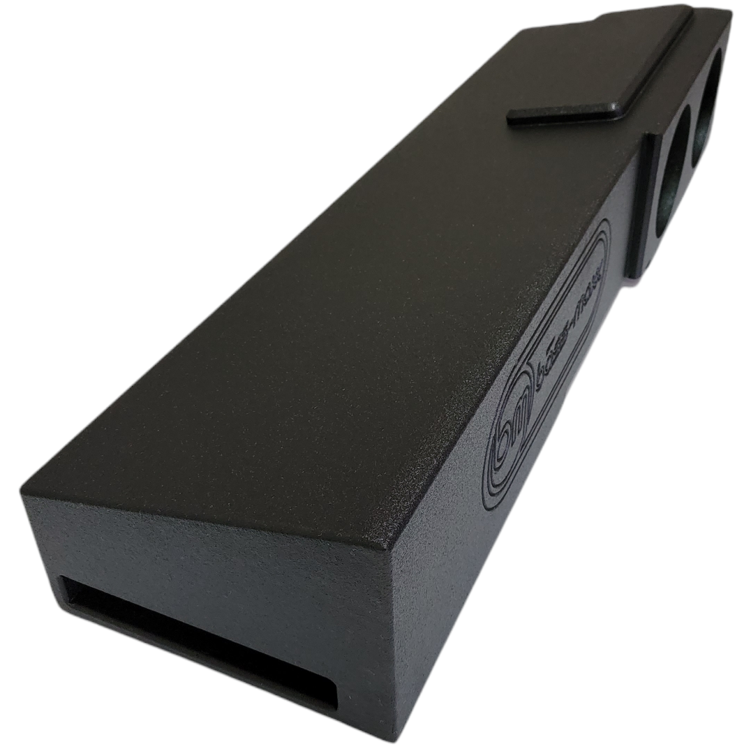 Black subwoofer enclosure with textured finish and rectangular cutout