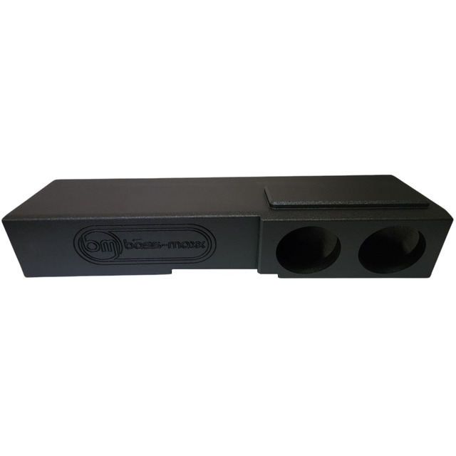 Black subwoofer enclosure with two 8-inch speaker openings and two round port cutouts