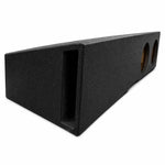 Black subwoofer enclosure with rectangular slot opening and dual port holes