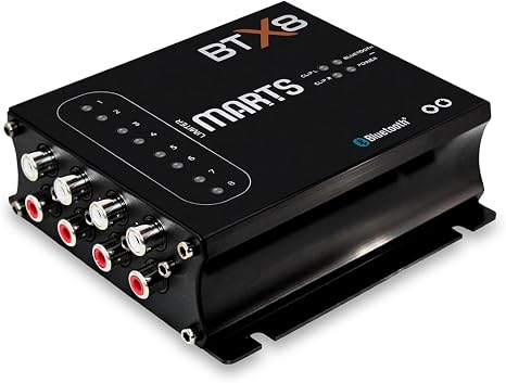 Black Bluetooth DSP audio interface with 8 RCA outputs and input ports