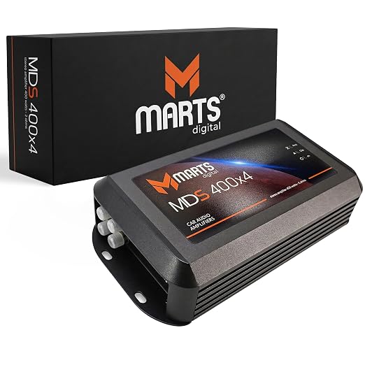 Black Marts digital 4-channel class D car amplifier with side mounting tabs