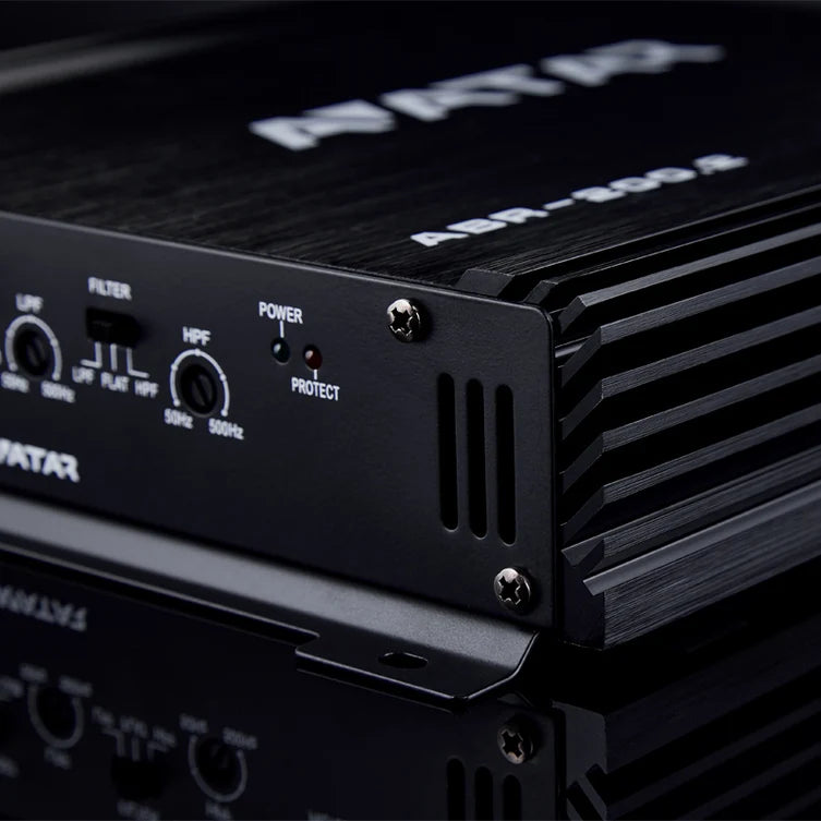 Car audio 2-channel amplifier front panel with HPF, power, protect indicators, and knobs