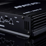Car audio 2-channel amplifier front panel with HPF, power, protect indicators, and knobs