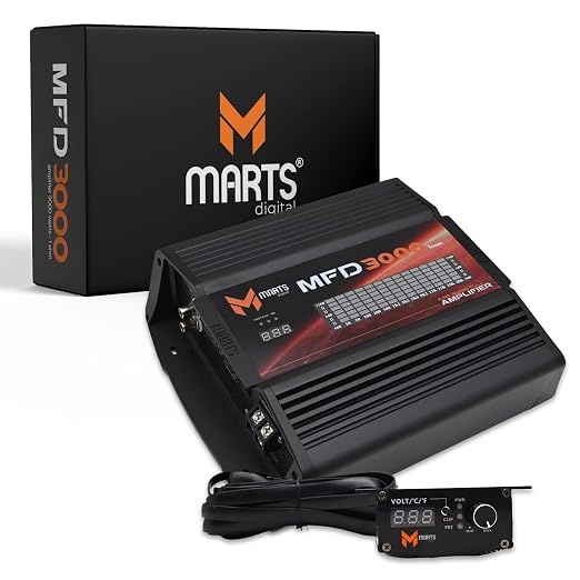 Black compact mono car audio amplifier with heat-sink fins and side mounting holes
