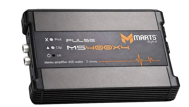 4-channel class D car audio amplifier with Marts Pulse digital branding