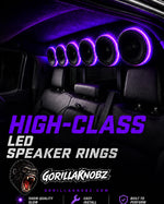 GorillaKnobz 6.5 in RGB LED speaker rings with glowing purple-blue halos in car dash