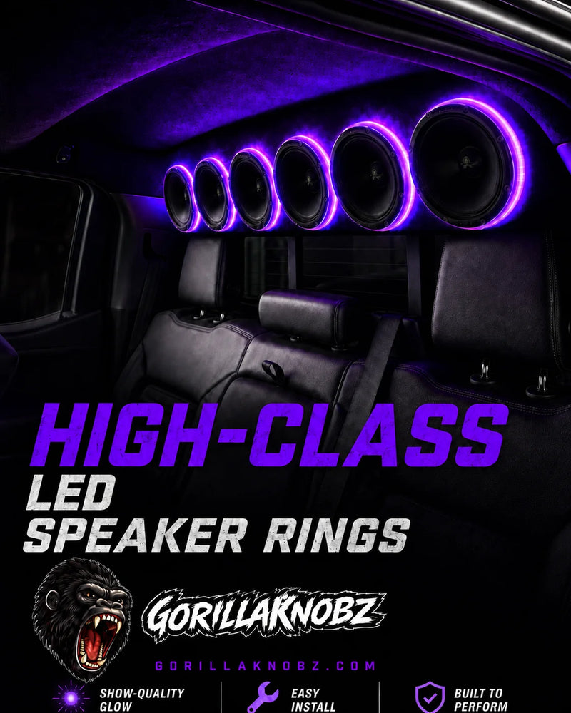 GorillaKnobz 6.5 in RGB LED speaker rings with glowing purple-blue halos in car dash