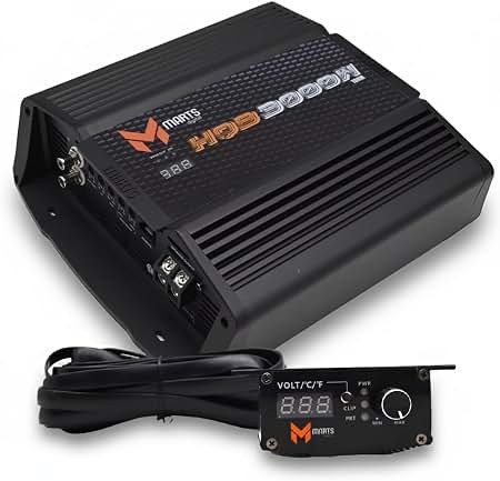 Car monoblock bass amplifier with wired remote bass knob and small voltage/temp display, black.