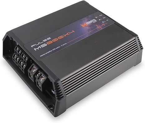 Black 4-channel Class D car amplifier with heatsink fins and wiring terminal block