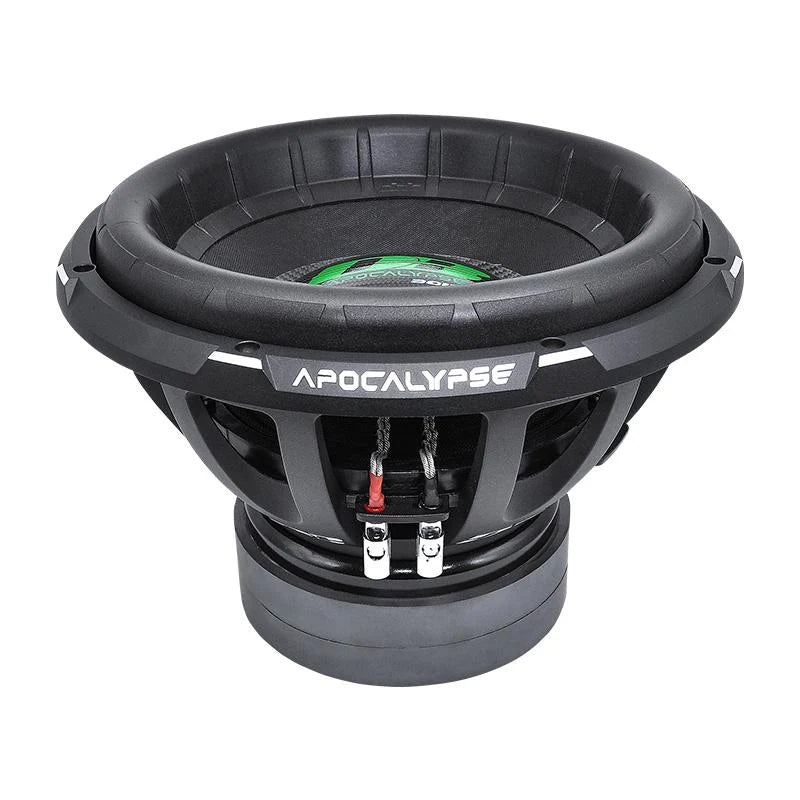 15-inch subwoofer speaker with black cone, visible binding posts and protective grille