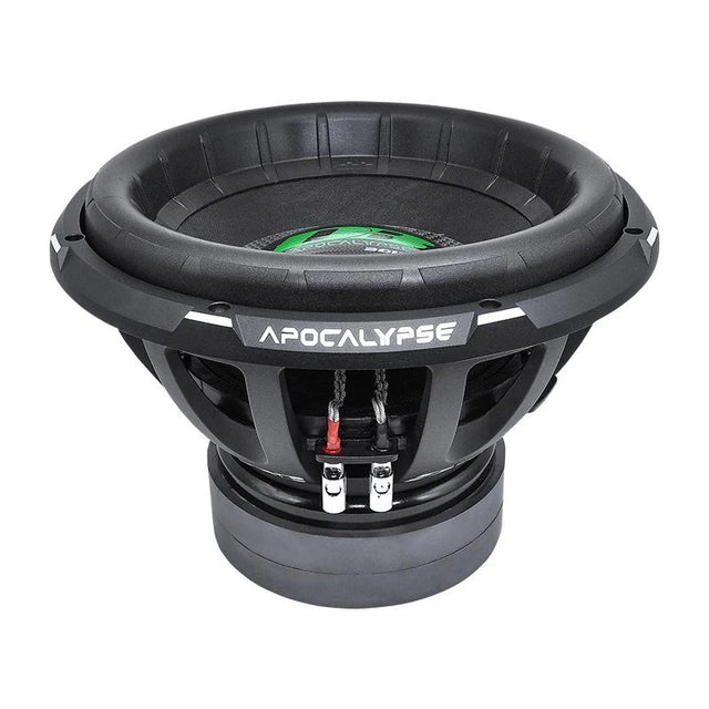 15-inch subwoofer speaker with black cone, visible binding posts and protective grille