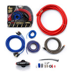 4-gauge amplifier wiring kit with red, blue and black OFC cables and connectors