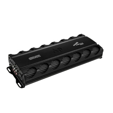 Black 5-channel car amplifier with vented fins and front port panel
