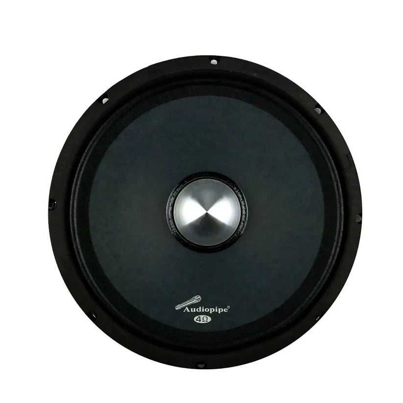 Audiopipe 8-inch low-mid loudspeaker with black cone and silver center dome