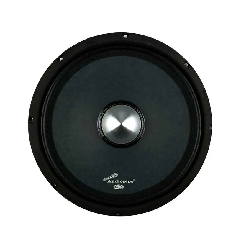 Audiopipe 8-inch low-mid loudspeaker with black cone and silver center dome