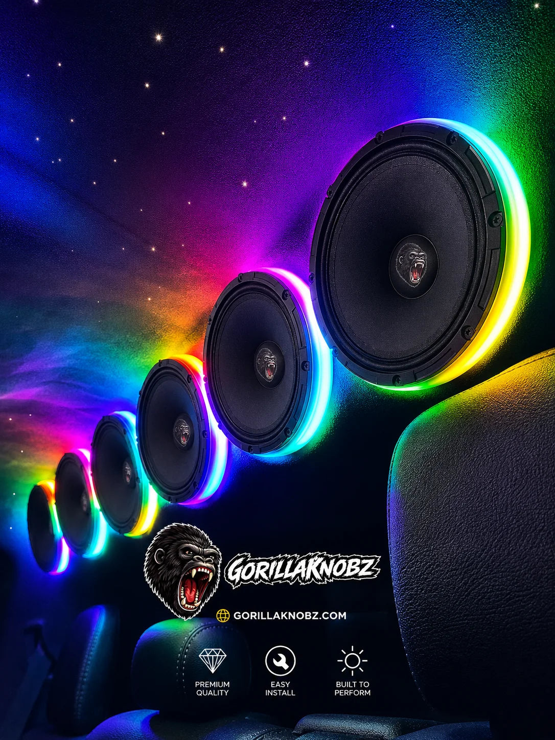 6.5 in RGB LED speaker rings: three round speakers with multicolor ring lighting