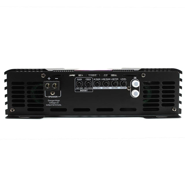 Class D monoblock amplifier with rear speaker terminals and control panel