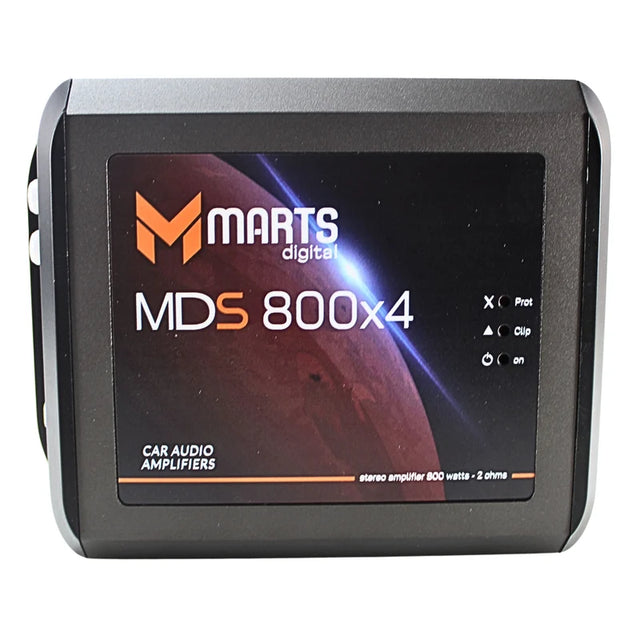 Front view of black Marts digital car amplifier, MDS 800x4 on control screen