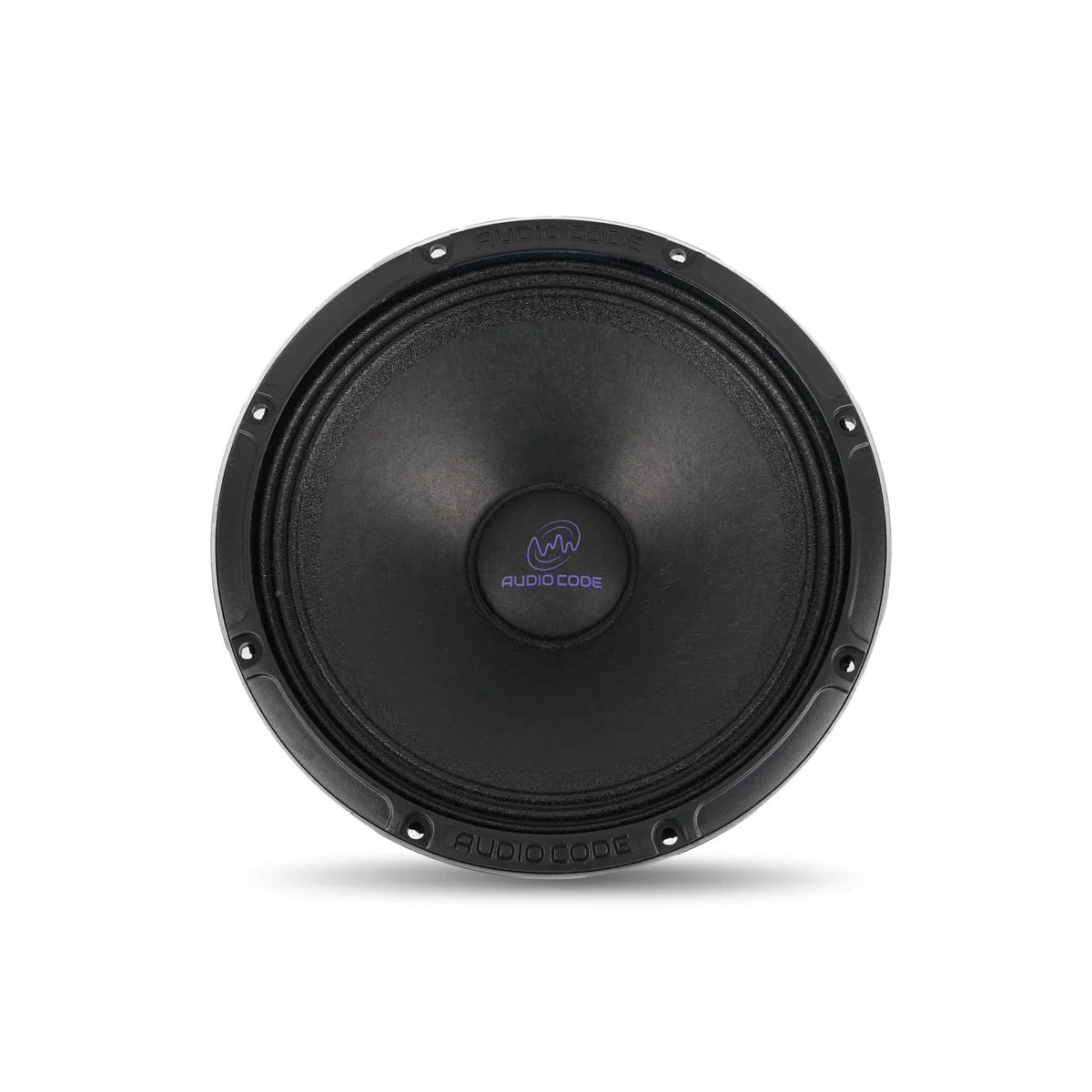 6.5 in midrange speaker driver with black cone and center AudioCode logo