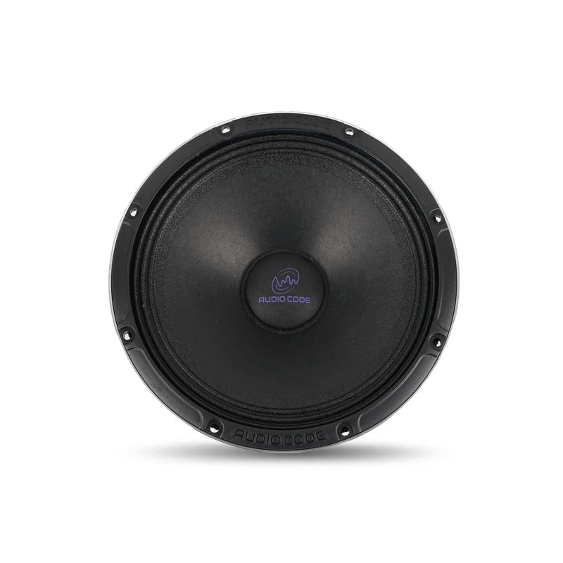 6.5 in midrange speaker driver with black cone and center AudioCode logo