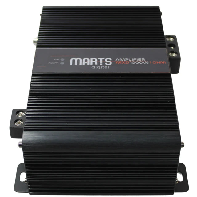 Marts digital monoblock amplifier with black ribbed heatsink and side connection ports
