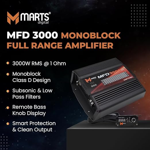 Black mono amplifier with MFD3000 label and wired remote bass knob