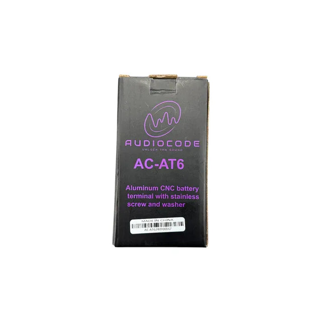 Aluminum battery terminal retail box labeled AC-AT6 with technical details