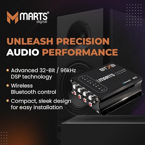 Compact black Bluetooth DSP audio interface with control panel and RCA jacks