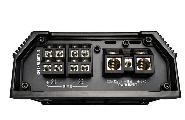 4-channel car audio amplifier rear panel with speaker and power terminals