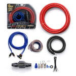 Amplifier wiring kit contents: red and blue cables, coiled copper wire, adapters