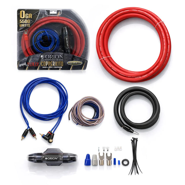 Amplifier wiring kit contents: red and blue cables, coiled copper wire, adapters