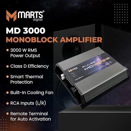 Car monoblock amplifier with logo, cooling fins, and side RCA input ports