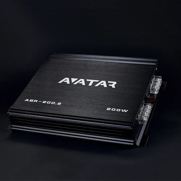 200W 2-channel car amplifier with AVATARA logo on black metal chassis, model ABR-200.2