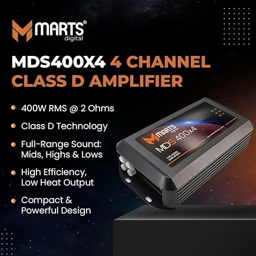 Compact black 4-channel class D amplifier with front label and control details
